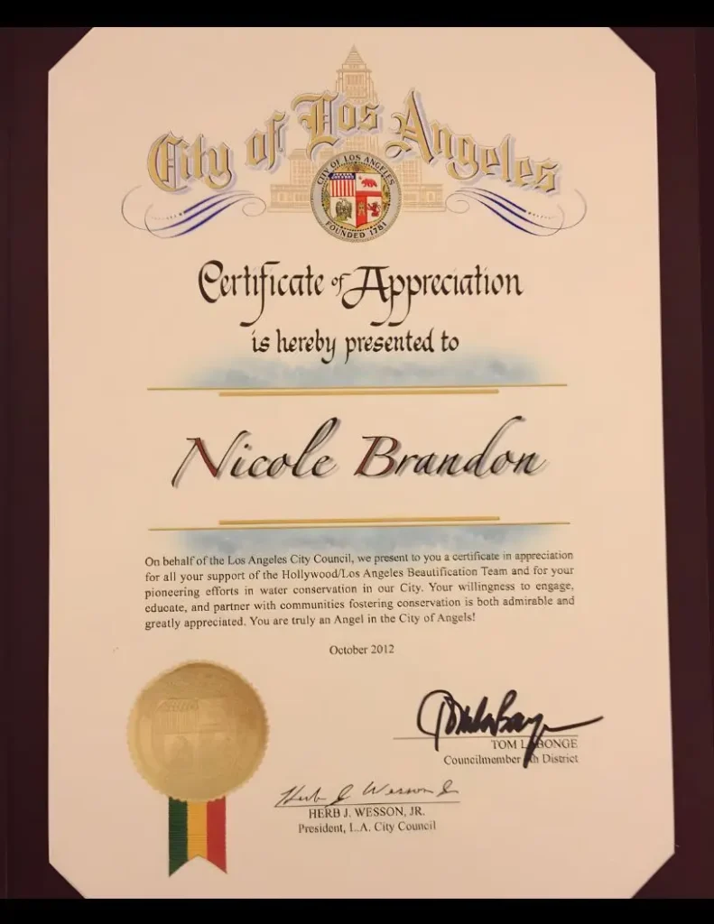 City of Los Angeles Certificate of Appreciation October 12