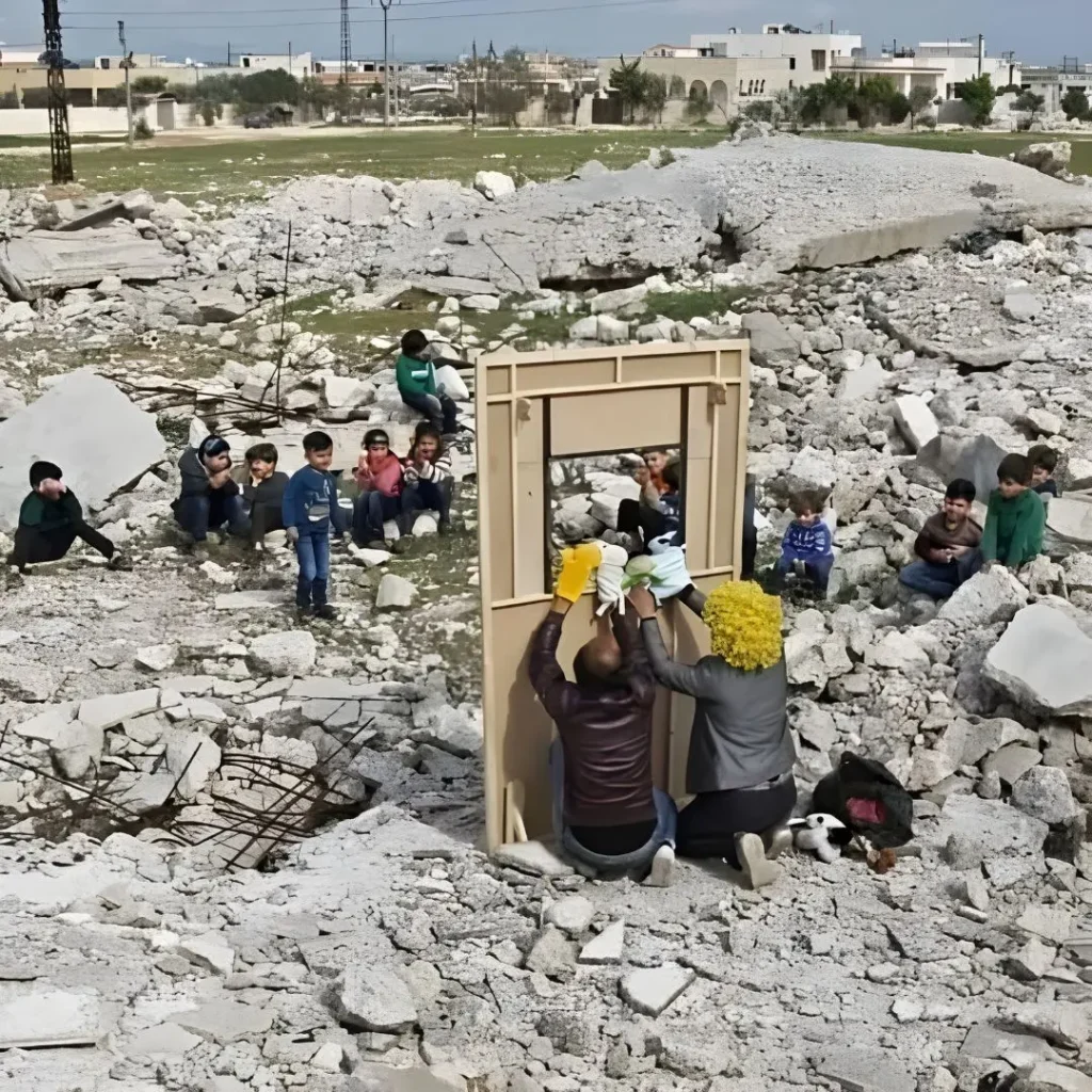 Puppet show in war torn country